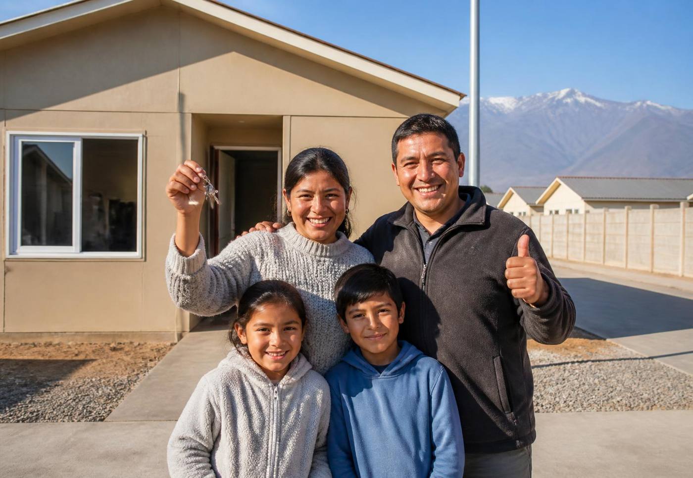Familia feliz y sonriente frente a su nueva casa propia